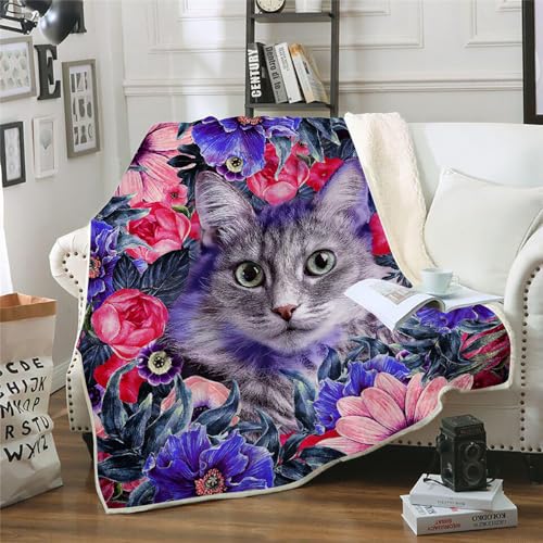 MOXINO 3D Katze Sherpa Decke 150x200 cm Blumen Kuscheldecke Flauschig Microfiber Fleecedecke Weich und Warme Wohndecke Throw Blanket Sofadecke Couchdecke Tagesdecke（Muster 3-9） von MOXINO
