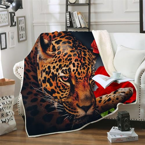 MOXINO 3D Leopard Sherpa Decke 130x150 cm Blumen Kuscheldecke Flauschig Microfiber Fleecedecke Weich und Warme Wohndecke Throw Blanket Sofadecke Couchdecke Tagesdecke（Muster 1-1） von MOXINO