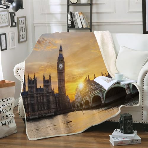 MOXINO 3D London Bridge Sherpa Decke 130x150 cm Big Ben Kuscheldecke Flauschig Microfiber Fleecedecke Weich und Warme Wohndecke Throw Blanket Sofadecke Couchdecke Tagesdecke（Muster 7-17） von MOXINO