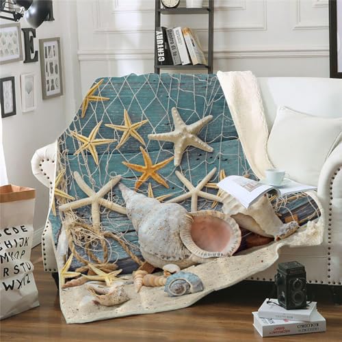 MOXINO 3D Maritim Sherpa Decke 150x200 cm Seesterne Muscheln Kuscheldecke Flauschig Microfiber Fleecedecke Weich und Warme Wohndecke Throw Blanket Sofadecke Couchdecke Tagesdecke（Muster 1-11） von MOXINO