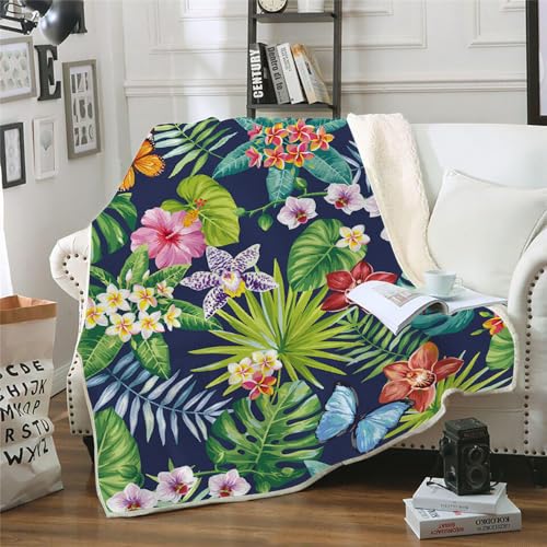 MOXINO 3D Palmblätter Sherpa Decke 130x150 cm Blumen Kuscheldecke Flauschig Microfiber Fleecedecke Weich und Warme Wohndecke Throw Blanket Sofadecke Couchdecke Tagesdecke（Muster 19-16） von MOXINO