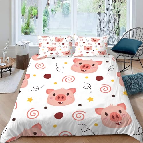 MOXINO 3D Schwein Bettwäsche 200x200 cm 3teilig Cartoon Schwein Bettwäsche für Teenager Leicht Mikrofaser Bettbezug Sommer Weiche Bettbezüge mit 2 Kissenbezüge 80x80（Muster 66-16） von MOXINO