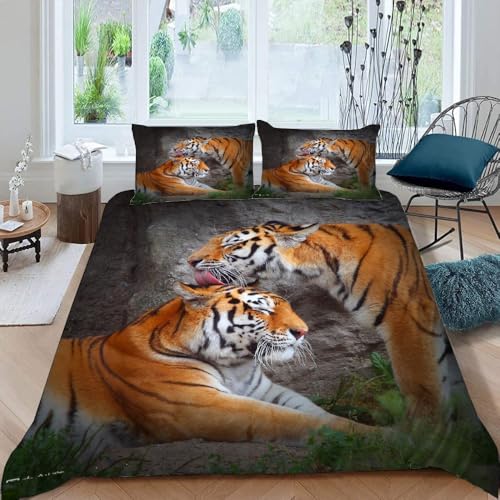 MOXINO 3D Tiger Bettwäsche 135x200 cm 2teilig Tiger Bettwäsche für Kinder Leicht Mikrofaser Bettbezug Sommer Weiche Bettbezüge mit Kissenbezüge 50x75（Muster 138-7） von MOXINO