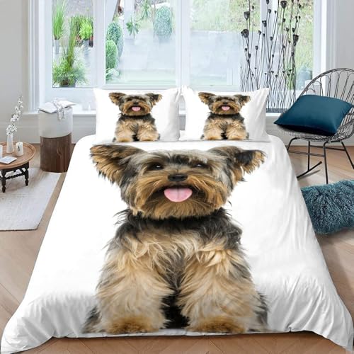 MOXINO 3D Yorkshire Terrier Bettwäsche 135x200 cm 4teilig Yorkshire Terrier Bettwäsche für Kinder Leicht Mikrofaser Bettbezug Sommer Weiche Bettbezüge mit 2 Kissenbezüge 50x75（Muster 132-8） von MOXINO