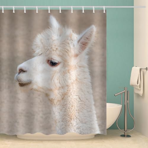 MOXINO Alpaka Duschvorhang Anti-Schimmel 200x240 cm Polyester Stoff Textil Waschbar Wasserdicht Badvorhang 3D Alpaka Motiv Duschvorhänge Badezimmer mit 12 Haken（Stil 98-4） von MOXINO
