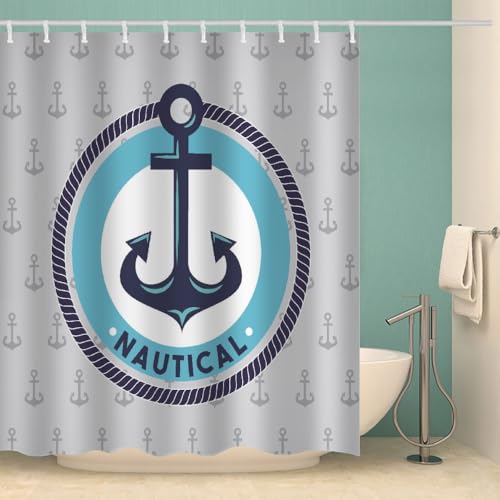 MOXINO Anker Duschvorhang Anti-Schimmel 120x180 cm Polyester Stoff Textil Waschbar Wasserdicht Badvorhang 3D Anker Motiv Duschvorhänge Badezimmer mit 12 Haken（Stil 99-18） von MOXINO