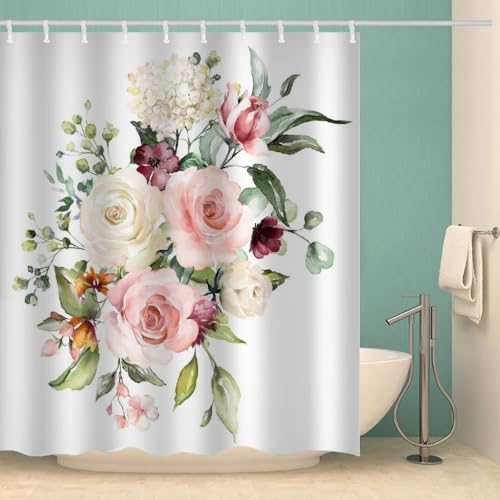MOXINO Blume Duschvorhang Anti-Schimmel 120x180 cm Polyester Stoff Textil Waschbar Wasserdicht Badvorhang 3D Blumen Motiv Duschvorhänge Badezimmer mit 12 Haken（Stil 97-4） von MOXINO