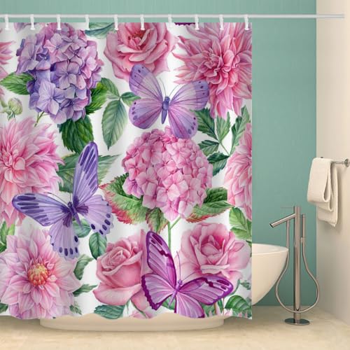 MOXINO Blumen Duschvorhang Anti-Schimmel 120x180 cm Polyester Stoff Textil Waschbar Wasserdicht Badvorhang 3D Schmetterling Motiv Duschvorhänge Badezimmer mit 12 Haken（Stil 94-6） von MOXINO