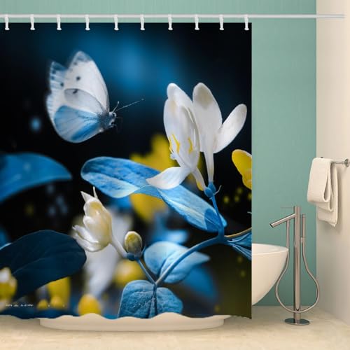 MOXINO Blumen Duschvorhang Anti-Schimmel 120x180 cm Polyester Stoff Textil Waschbar Wasserdicht Badvorhang 3D Schmetterling Motiv Duschvorhänge Badezimmer mit 12 Haken（Stil 94-8） von MOXINO