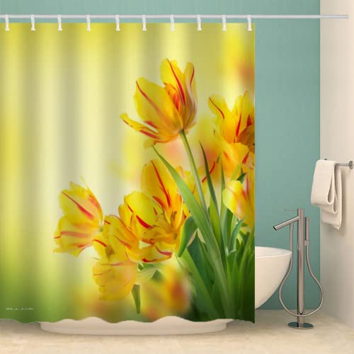 MOXINO Blumen Duschvorhang Anti-Schimmel 180x180 cm Polyester Stoff Textil Waschbar Badvorhang 3D Gelbe Blumen Motiv Design Shower Curtain Wasserdicht Badezimmer Vorhänge mit 12 Haken von MOXINO