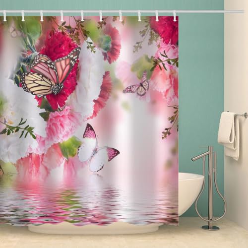 MOXINO Blumen Duschvorhang Anti-Schimmel 180x200 cm Polyester Stoff Textil Waschbar Wasserdicht Badvorhang 3D Schmetterling Motiv Duschvorhänge Badezimmer mit 12 Haken（Stil 106-18） von MOXINO