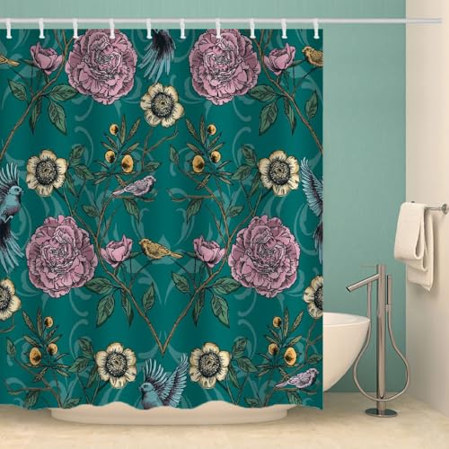 MOXINO Blumen Duschvorhang Anti-Schimmel 200x240 cm Polyester Stoff Textil Waschbar Wasserdicht Badvorhang 3D Retro Blumen Motiv Duschvorhänge Badezimmer mit 12 Haken（Stil 96-14） von MOXINO