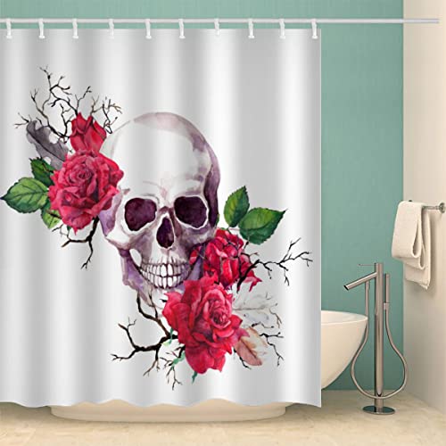 MOXINO Blumen Totenköpfe Duschvorhang Anti-Schimmel 120x180 cm Polyester Stoff Textil Waschbar Badvorhang 3D Gotisch Rose Motiv Design Duschvorhänge Wasserdicht Badezimmer Vorhänge mit 12 Haken von MOXINO
