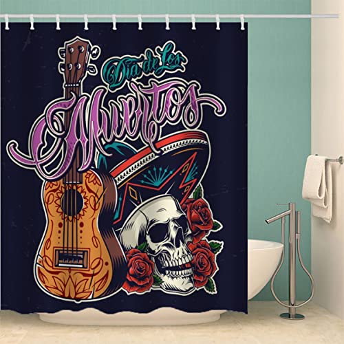 MOXINO Blumen Totenköpfe Duschvorhang Anti-Schimmel 180x180 cm Polyester Stoff Textil Waschbar Badvorhang 3D Musik Gitarre Motiv Design Duschvorhänge Wasserdicht Badezimmer Vorhänge mit 12 Haken von MOXINO