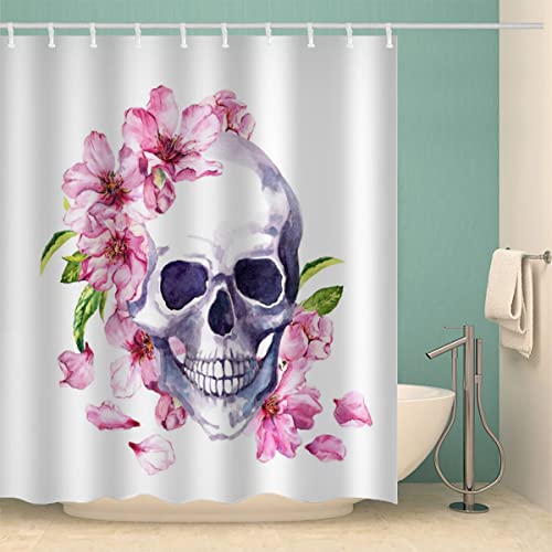 MOXINO Blumen Totenköpfe Duschvorhang Anti-Schimmel 180x200 cm Polyester Stoff Textil Waschbar Badvorhang 3D Böhmen Motiv Design Duschvorhänge Wasserdicht Badezimmer Vorhänge mit 12 Haken von MOXINO