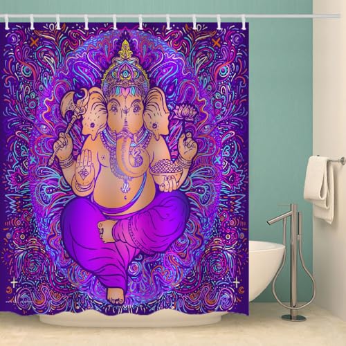 MOXINO Boho Duschvorhang Anti-Schimmel 180x180 cm Polyester Stoff Textil Waschbar Wasserdicht Badvorhang 3D Abstrakter Elefant Motiv Duschvorhänge Badezimmer mit 12 Haken（Stil 102-12） von MOXINO