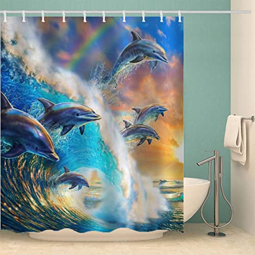 MOXINO Delfin Duschvorhang Anti-Schimmel 180x180 cm Polyester Stoff Textil Waschbar Badvorhang 3D Meer Tier Delphin Motiv Design Duschvorhänge Wasserdicht Badezimmer Vorhänge mit 12 Haken von MOXINO