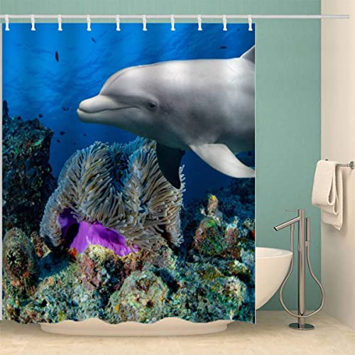 MOXINO Delfin Duschvorhang Anti-Schimmel 240x200 cm Polyester Stoff Textil Waschbar Badewanne Badvorhang 3D Meer Tier Delphin Shower Curtain Wasserdicht Badezimmer Vorhänge mit 12 Haken von MOXINO