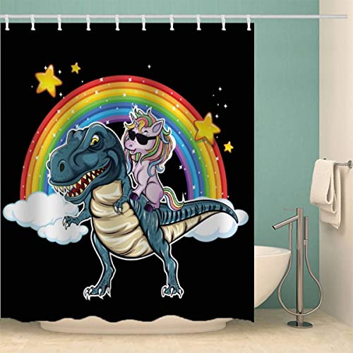 MOXINO Einhorn Duschvorhang Anti-Schimmel 180x180 cm Polyester Stoff Textil Waschbar Badvorhang 3D Lustig Regenbogen Dino Motiv Design Duschvorhänge Wasserdicht Badezimmer Vorhänge mit 12 Haken von MOXINO