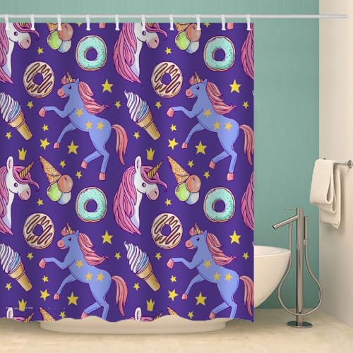 MOXINO Einhorn Duschvorhang Anti-Schimmel 180x180 cm Polyester Stoff Textil Waschbar Wasserdicht Badvorhang 3D Pferd Motiv Duschvorhänge Badezimmer mit 12 Haken（Stil 97-10） von MOXINO