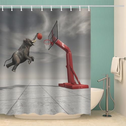 MOXINO Elefant Duschvorhang Anti-Schimmel 180x180 cm Polyester Stoff Textil Waschbar Badvorhang 3D Basketball Elefant Motiv Design Duschvorhänge Wasserdicht Badezimmer Vorhänge mit 12 Haken von MOXINO