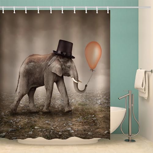 MOXINO Elefant Duschvorhang Anti-Schimmel 240x200 cm Polyester Stoff Textil Waschbar Badewanne Badvorhang 3D Vintage Elefant Shower Curtain Wasserdicht Badezimmer Vorhänge mit 12 Haken von MOXINO