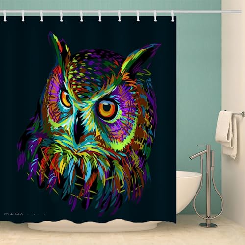 MOXINO Eule Duschvorhang Anti-Schimmel 120x180 cm Polyester Stoff Textil Waschbar Badewanne Badvorhang 3D Abstrakt Eule Shower Curtain Wasserdicht Badezimmer Vorhänge mit 12 Haken von MOXINO