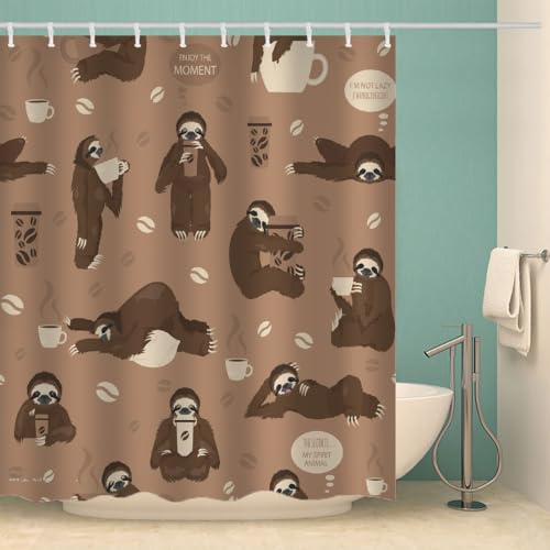 MOXINO Faultiere Duschvorhang Anti-Schimmel 120x180 cm Polyester Stoff Textil Waschbar Wasserdicht Badvorhang 3D Süßes Faultier Motiv Duschvorhänge Badezimmer mit 12 Haken（Stil 102-15） von MOXINO