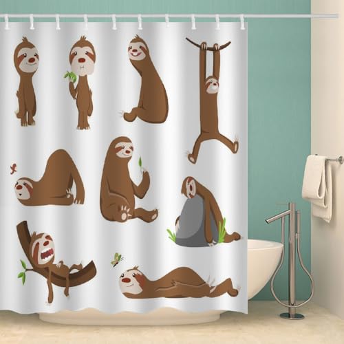 MOXINO Faultiere Duschvorhang Anti-Schimmel 120x180 cm Polyester Stoff Textil Waschbar Wasserdicht Badvorhang 3D Süßes Faultier Motiv Duschvorhänge Badezimmer mit 12 Haken（Stil 96-15） von MOXINO