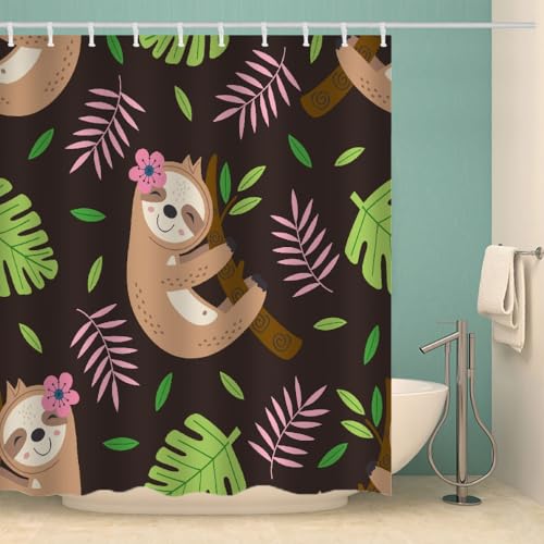 MOXINO Faultiere Duschvorhang Anti-Schimmel 180x180 cm Polyester Stoff Textil Waschbar Wasserdicht Badvorhang 3D Palmblätter Motiv Duschvorhänge Badezimmer mit 12 Haken（Stil 92-13） von MOXINO