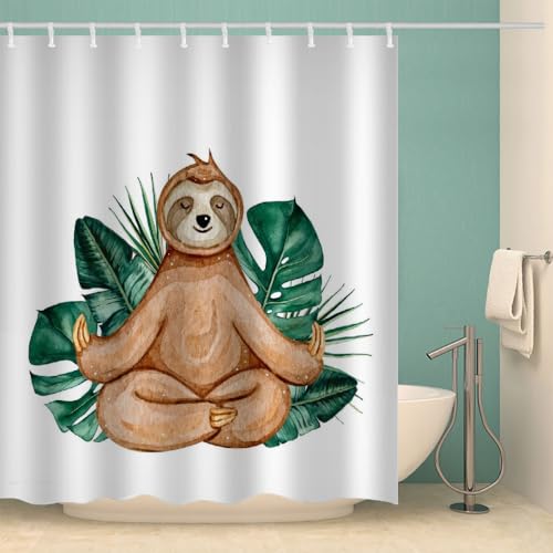 MOXINO Faultiere Duschvorhang Anti-Schimmel 180x200 cm Polyester Stoff Textil Waschbar Wasserdicht Badvorhang 3D Palmblätter Motiv Duschvorhänge Badezimmer mit 12 Haken（Stil 92-17） von MOXINO