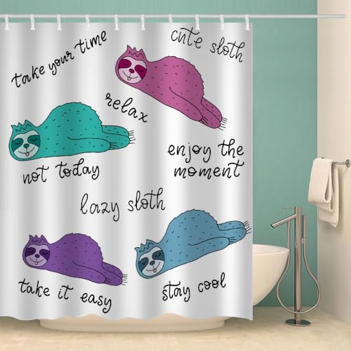 MOXINO Faultiere Duschvorhang Anti-Schimmel 180x200 cm Polyester Stoff Textil Waschbar Wasserdicht Badvorhang 3D Süßes Faultier Motiv Duschvorhänge Badezimmer mit 12 Haken（Stil 101-17） von MOXINO