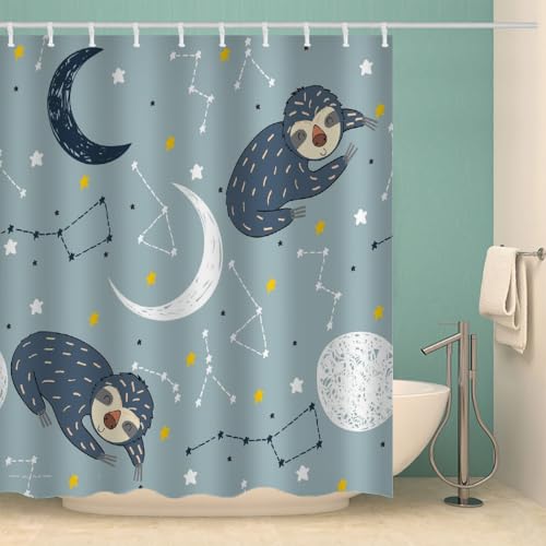 MOXINO Faultiere Duschvorhang Anti-Schimmel 200x240 cm Polyester Stoff Textil Waschbar Wasserdicht Badvorhang 3D Sternenhimmel Motiv Duschvorhänge Badezimmer mit 12 Haken（Stil 92-16） von MOXINO