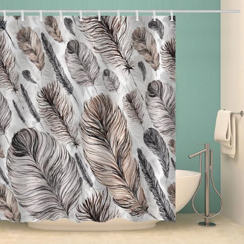 MOXINO Feder Duschvorhang Anti-Schimmel 120x180 cm Polyester Stoff Textil Waschbar Wasserdicht Badvorhang 3D Feder Motiv Duschvorhänge Badezimmer mit 12 Haken（Stil 109-9） von MOXINO