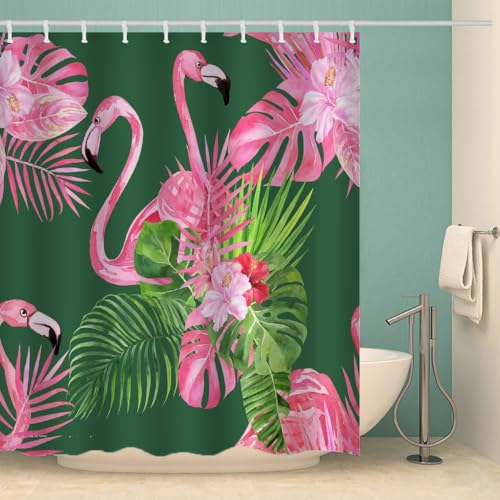 MOXINO Flamingo Duschvorhang Anti-Schimmel 180x180 cm Polyester Stoff Textil Waschbar Wasserdicht Badvorhang 3D Blumen Palmblätter Motiv Duschvorhänge Badezimmer mit 12 Haken（Stil 93-2） von MOXINO