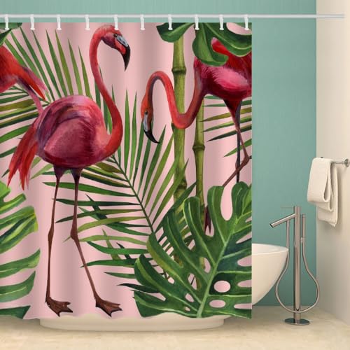 MOXINO Flamingo Duschvorhang Anti-Schimmel 180x180 cm Polyester Stoff Textil Waschbar Wasserdicht Badvorhang 3D Palmblätter Motiv Duschvorhänge Badezimmer mit 12 Haken（Stil 106-7） von MOXINO