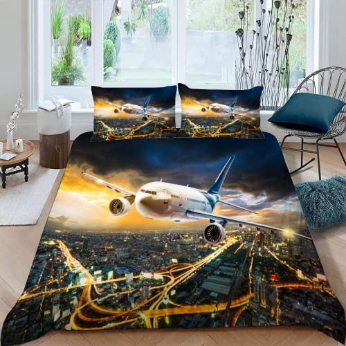 MOXINO Flugzeug Bettbezüge für Kinder Jungen Mädchen Einzelbett 3D Der Blick Auf Die Stadt Bettwäsche 135x200 cm 2teilig Mikrofaser Bettbezug Sommer Warm Weiche Bettwaren mit Kissenbezüge 80x80 von MOXINO