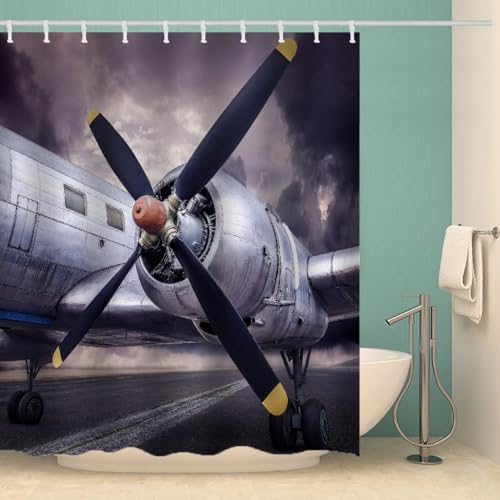 MOXINO Flugzeug Duschvorhang Anti-Schimmel 180x180 cm Polyester Stoff Textil Waschbar Wasserdicht Badvorhang 3D Flugzeug Motiv Duschvorhänge Badezimmer mit 12 Haken（Stil 103-13） von MOXINO