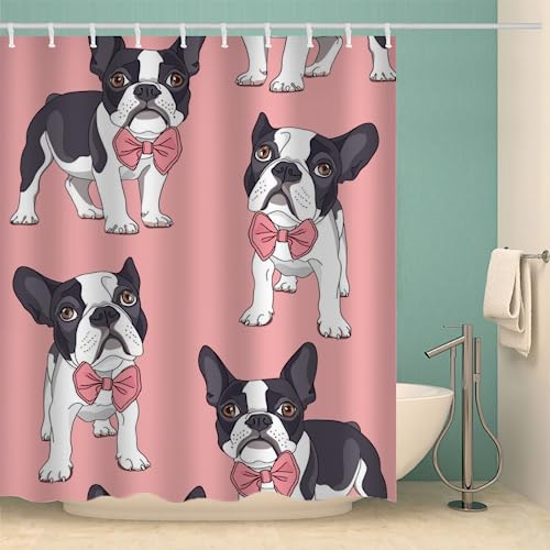 MOXINO Französische Bulldogge Duschvorhang Anti-Schimmel 240x200 cm Polyester Stoff Textil Waschbar Badvorhang 3D Lustiger Hund Motiv Design Duschvorhänge Wasserdicht Badezimmer Vorhänge mit 12 Haken von MOXINO