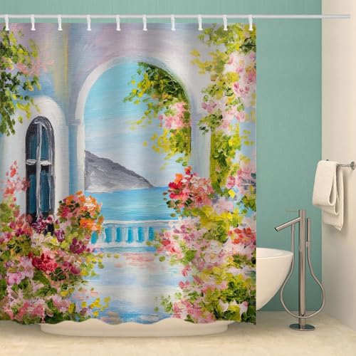 MOXINO Garten Duschvorhang Anti-Schimmel 180x200 cm Polyester Stoff Textil Waschbar Wasserdicht Badvorhang 3D Ozean Motiv Duschvorhänge Badezimmer mit 12 Haken（Stil 109-10） von MOXINO