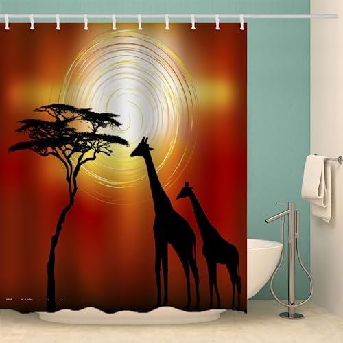 MOXINO Giraffe Duschvorhang Anti-Schimmel 180x200 cm Polyester Stoff Textil Waschbar Badvorhang 3D Sonnenuntergang Tiere Motiv Design Duschvorhänge Wasserdicht Badezimmer Vorhänge mit 12 Haken von MOXINO