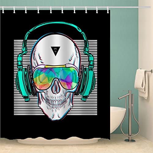MOXINO Gotisch Schädel Duschvorhang Anti-Schimmel 180x200 cm Polyester Stoff Textil Waschbar Badvorhang 3D Musik Geometrie Motiv Design Duschvorhänge Wasserdicht Badezimmer Vorhänge mit 12 Haken von MOXINO