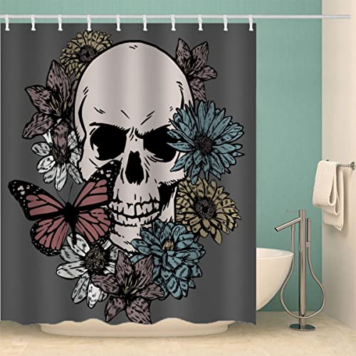 MOXINO Gotisch Schädel Duschvorhang Anti-Schimmel 240x200 cm Polyester Stoff Textil Waschbar Badvorhang Blumen Schmetterlinge Motiv Design Shower Curtain Wasserdicht Badezimmer Vorhänge mit 12 Haken von MOXINO