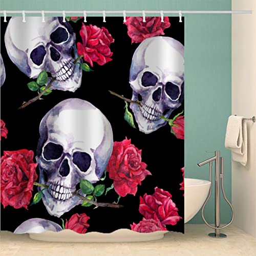 MOXINO Halloween Duschvorhang Anti-Schimmel 120x180 cm Polyester Stoff Textil Waschbar Badvorhang 3D Schädel Blumen Motiv Design Shower Curtain Wasserdicht Badezimmer Vorhänge mit 12 Haken von MOXINO