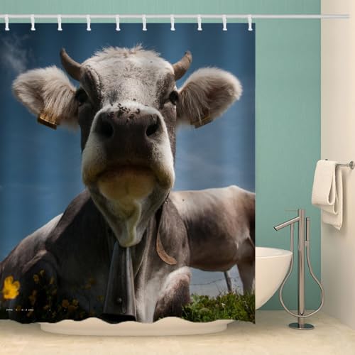 MOXINO Highland Kuh Duschvorhang Anti-Schimmel 120x180 cm Polyester Stoff Textil Waschbar Wasserdicht Badvorhang 3D Kuh Motiv Duschvorhänge Badezimmer mit 12 Haken（Stil 20-8） von MOXINO