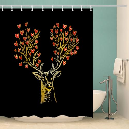 MOXINO Hirsch Duschvorhang Anti-Schimmel 200x240 cm Polyester Stoff Textil Waschbar Wasserdicht Badvorhang 3D Elch Motiv Duschvorhänge Badezimmer mit 12 Haken（Stil 92-3） von MOXINO