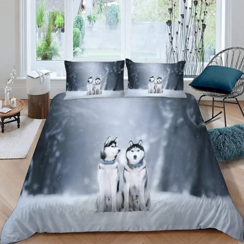 MOXINO Husky Hund Bettbezüge für Kinder Jungen Mädchen Einzelbett 3D Tier Hund Bettwäsche 135x200 cm 2teilig Leicht Mikrofaser Bettbezug Sommer Warm Weiche Bettwaren mit Kissenbezüge 80x80 von MOXINO