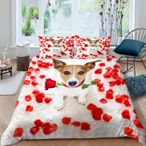 MOXINO Jack Russell Terrier Bettbezüge für Kinder Jungen Mädchen Einzelbett 3D Rose Hund Bettwäsche 135x200 cm 2teilig Mikrofaser Bettbezug Sommer Warm Weiche Bettwaren mit Kissenbezüge 80x80 von MOXINO