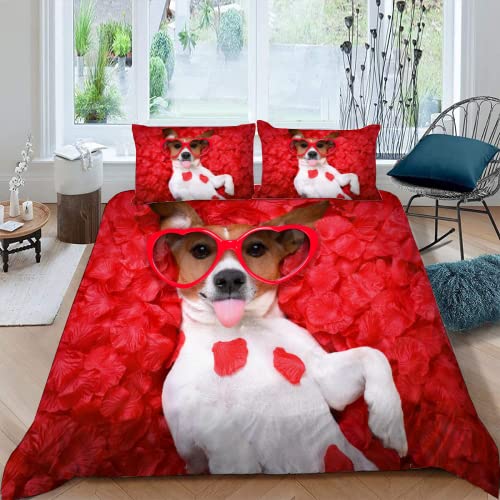 MOXINO Jack Russell Terrier Bettbezüge für Kinder Jungen Mädchen Einzelbett 3D Rose Hund Bettwäsche 135x200 cm 2teilig Mikrofaser Bettbezug Sommer Warm Weiche Bettwaren mit Kissenbezüge 80x80 von MOXINO