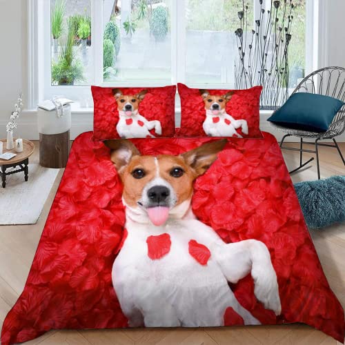 MOXINO Jack Russell Terrier Bettwäsche 135x200 cm 4teilig Rose Hund Bettbezüge für Kinder Jungen Mädchen Einzelbett Leicht Mikrofaser Bettbezug Sommer Weiche Bettwaren mit 2 Kissenbezüge 80x80 von MOXINO